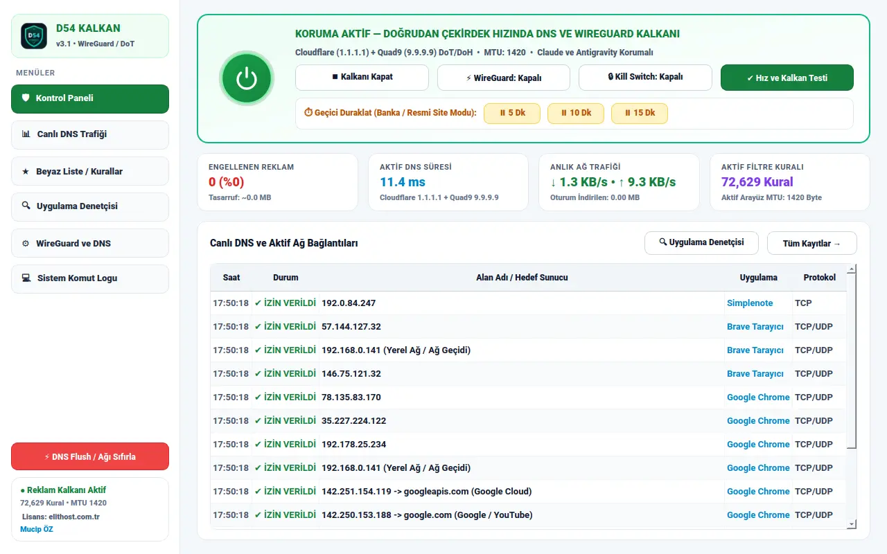 D54 Kalkan — Yerel DNS Güvenliği, Reklam Engelleyici & WireGuard İstemcisi ekran görüntüsü 1
