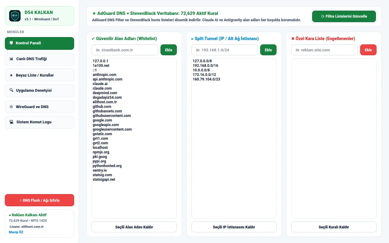 D54 Kalkan — Yerel DNS Güvenliği, Reklam Engelleyici & WireGuard İstemcisi ekran görüntüsü 2